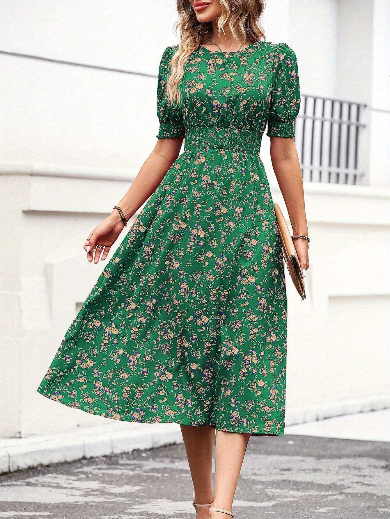dark green dress with white flowers Kaila Silk Dress in Green City Floral Mix Olive main image 0