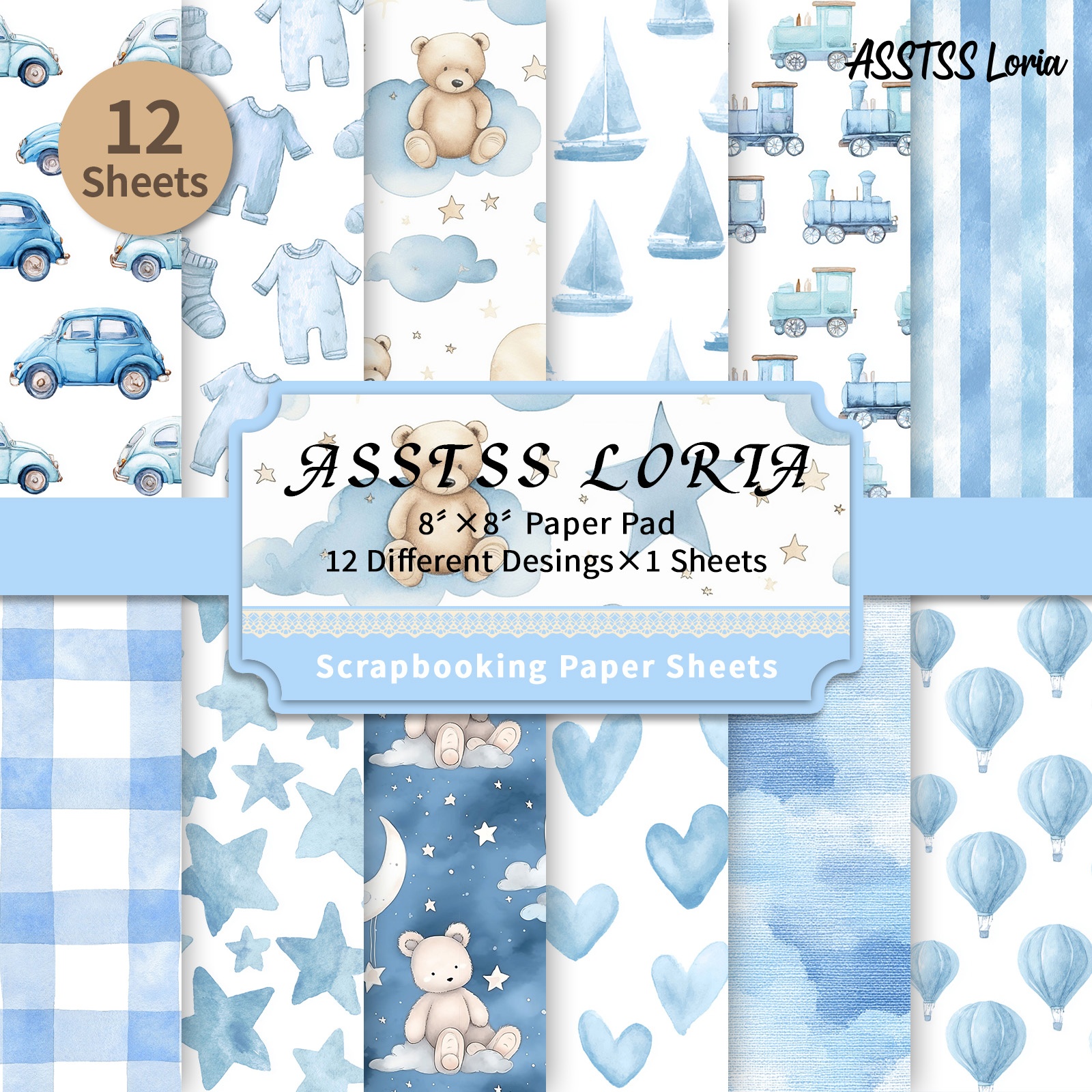 TEMU Lot de 12 feuilles de papier scrapbooking ASSTSS Loria 8 X 8 pouces, papier de base bleu série bébé pour nouveau-né, papier cartonné épais pour
