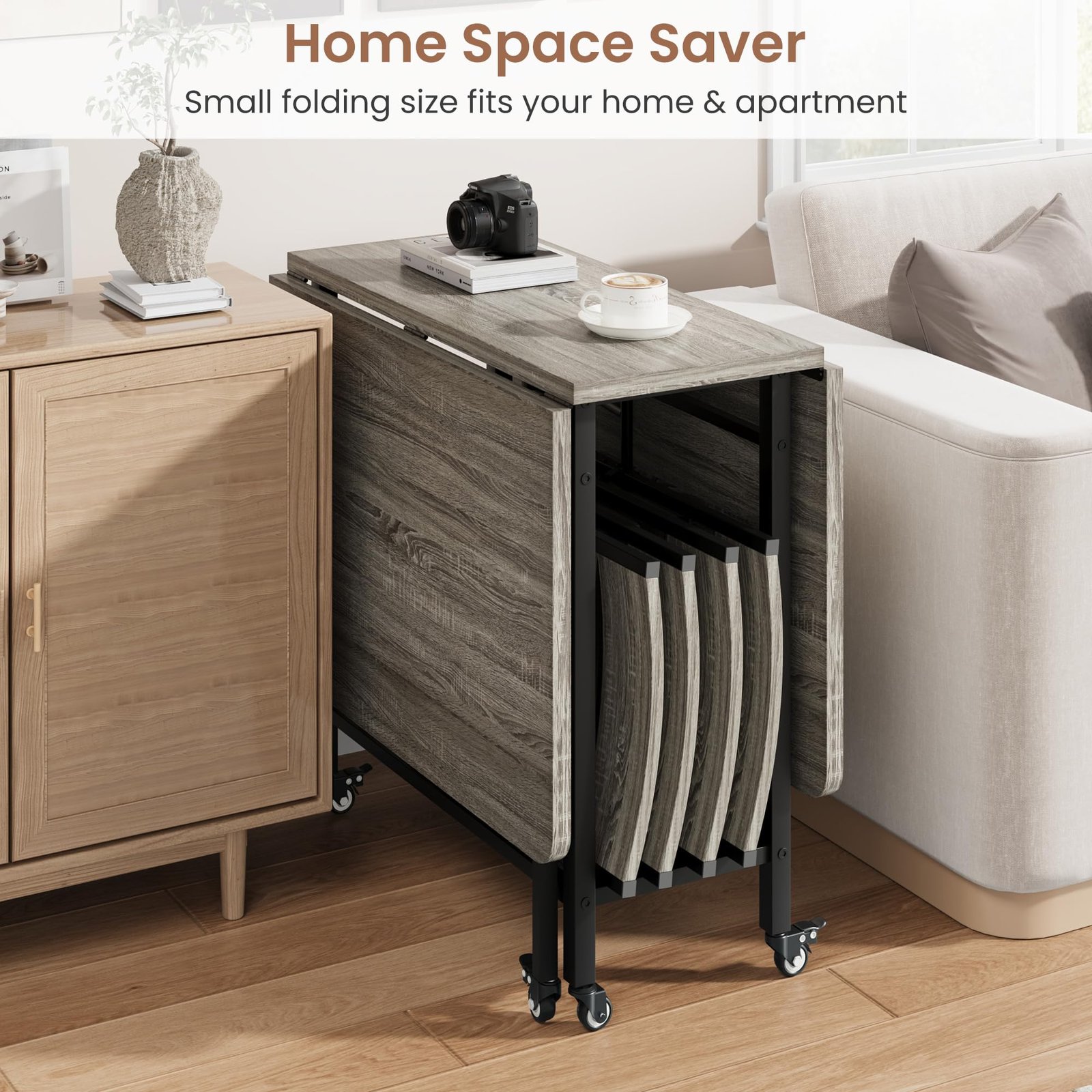 folding   set drop leaf foldable kitchen table with 4 chairs folding dinner table set with storage lockable wheels space saving for kitchen or dining room gray