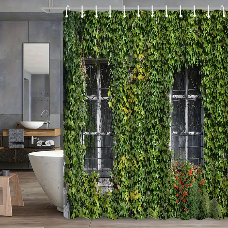 TEMU 1pc Green Leaf Patterned Shower Curtain With Hooks, Suitable For Washing, Serving As A Bathroom Divider, And Enhancing Home Decor