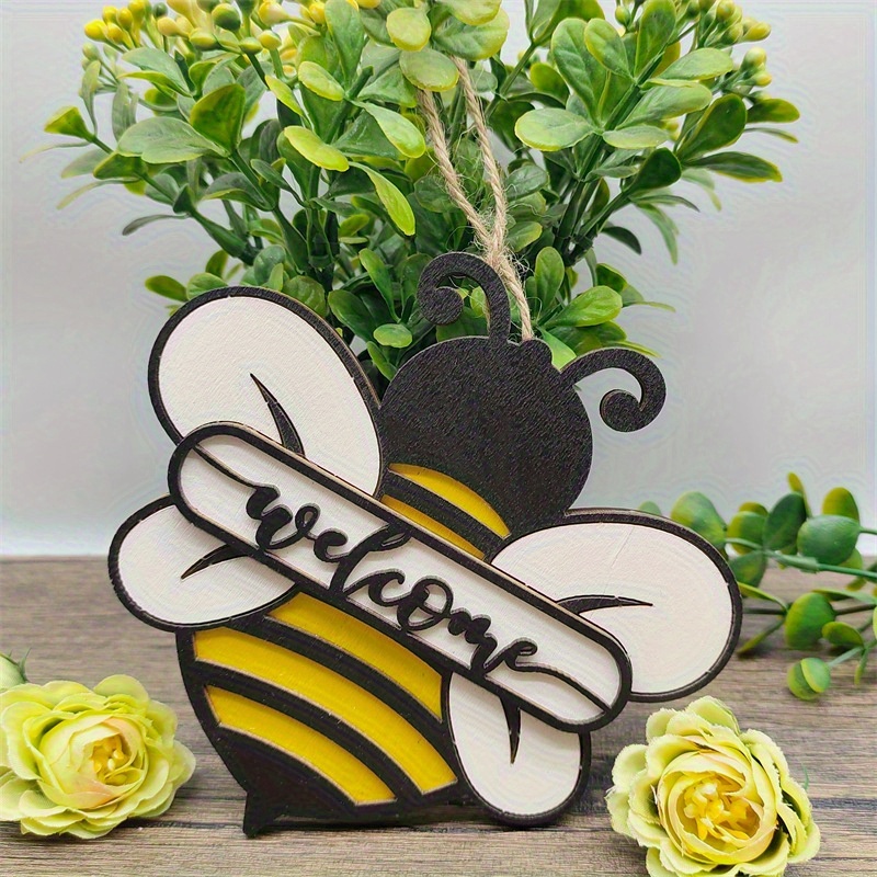 TEMU 2d Flat, 1pc Rustic Farmhouse Bee & Honeycomb Wooden Hanging Decoration - 2d Flat Spring/easter Tabletop Decor With Black & , Welcome Sign,