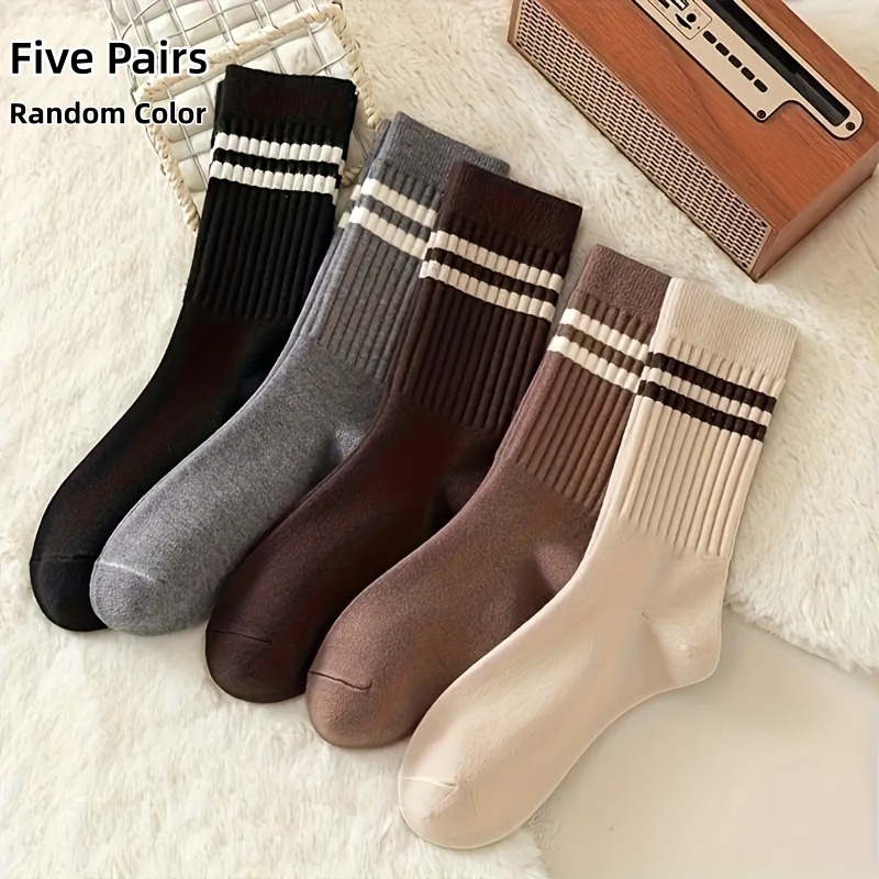 TEMU 5 Pares de Calcetines de Media Caña a Rayas Serie Café Aleatorio para Otoño/Invierno - Calcetines de Moda Coreana Versátiles para Mujer, Cómodos