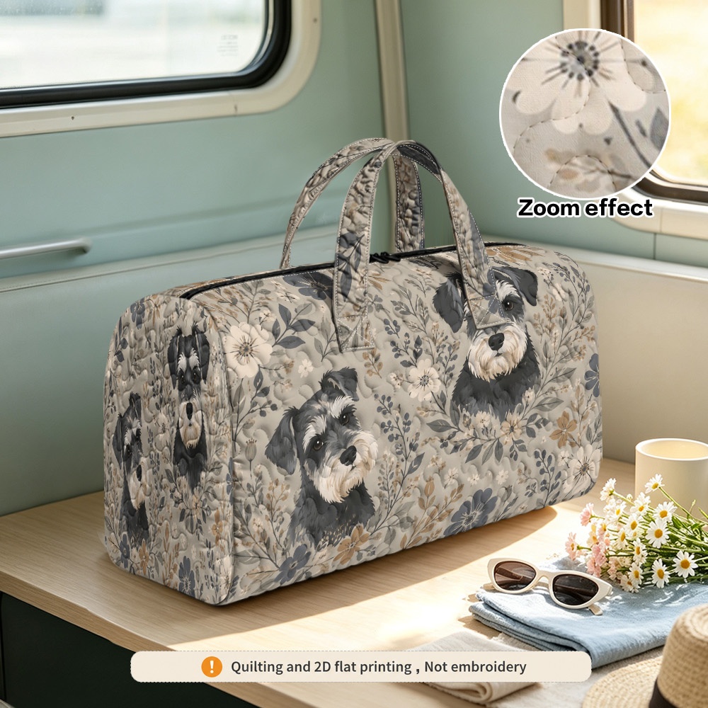 2d flat 1pc vintage floral miniature schnauzer patterned lightweight quilted handbag zipper closure with sturdy handles versatile bag for shopping hiking and travel non