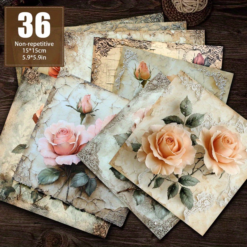 TEMU 36 Non-repeating Vintage Orange Rose Flower Decorative Paper Scrapbook Paper, Decorative Paper, Material Paper, Material Paper, Handbook Paper