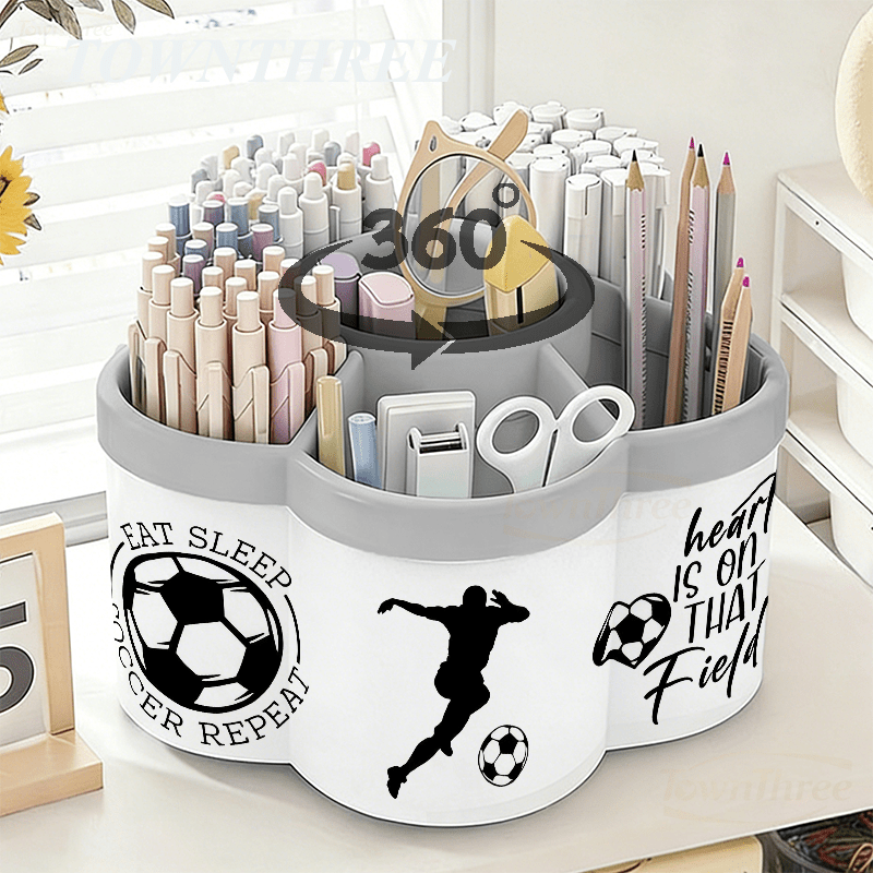 TEMU Rotatable Pen Holder And Cosmetic Organizer | Football-themed Sticker - 360° Rotating Convenient Desktop Storage Box | Large Capacity Portable