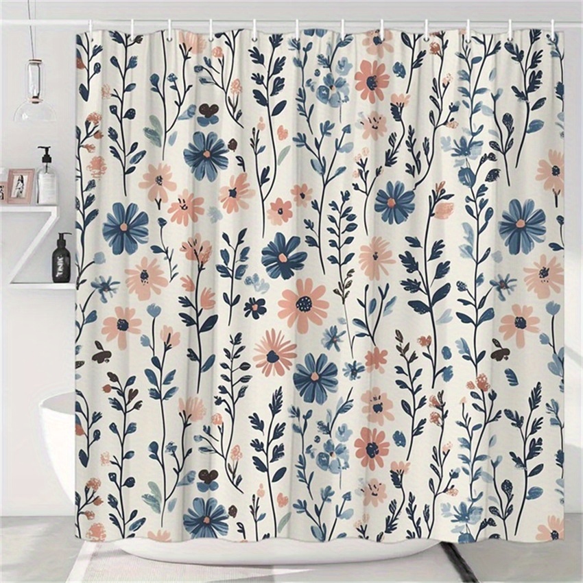 TEMU 1pc Whimsical Watercolor Floral Shower Curtain - Peach Flowers On Cream Background, Polyester Fabric, 70.8x70.8 Inches With 12 Hooks, Machine