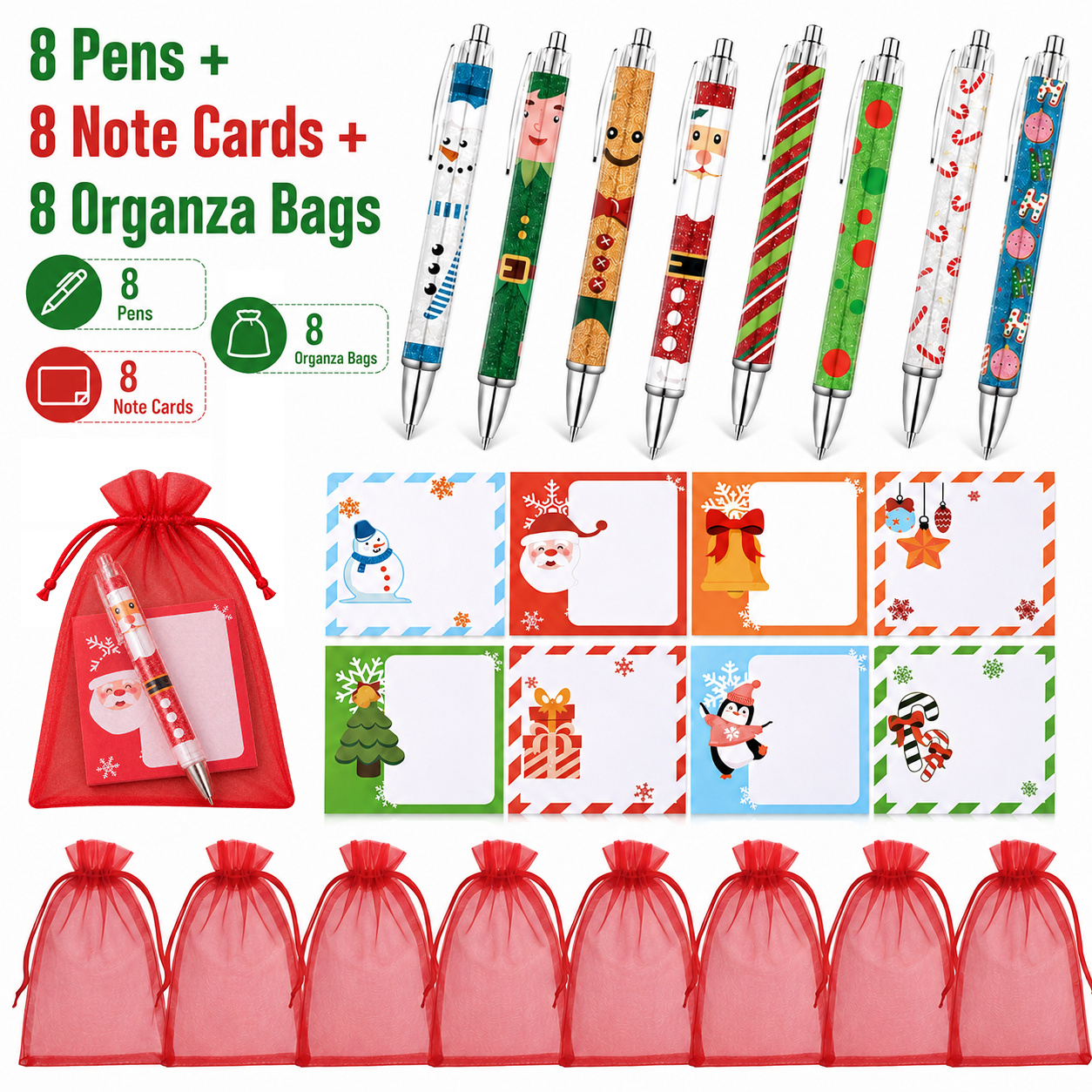 TEMU Ensemble de 24pcs de notes autocollantes de Noël, stylos et sacs en organza. 8 stylos et autocollantes, 8 sacs. Cadeau de Noël parfait pour les