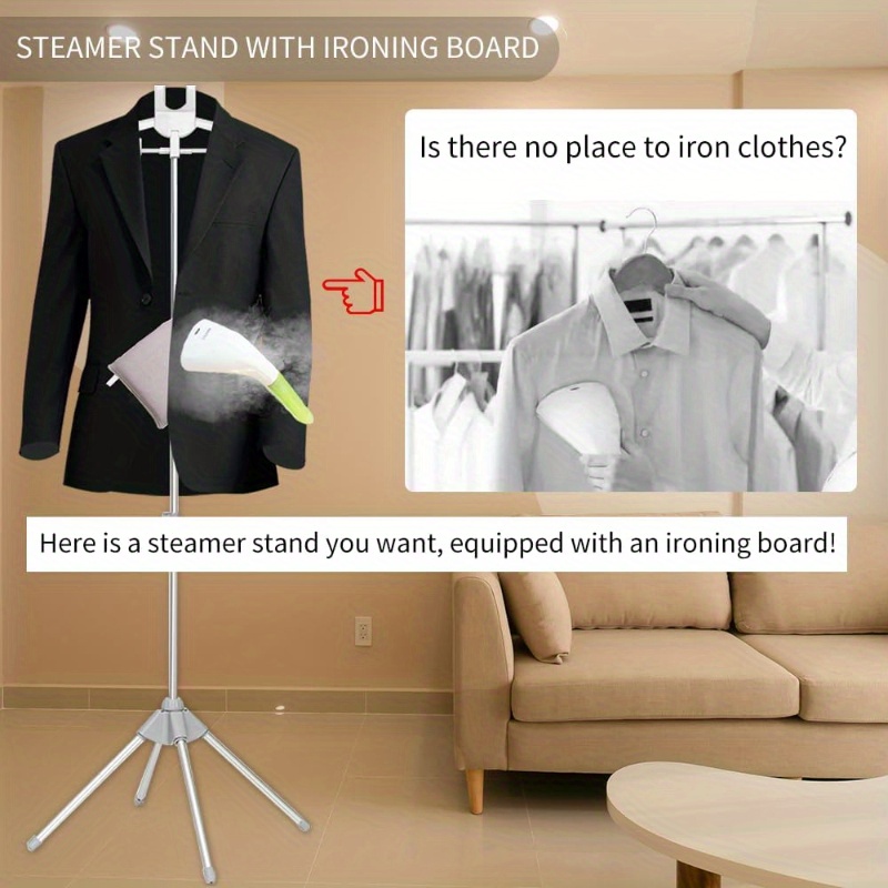 adjustable foldable garment steamer stand with 2 clips freestanding ironing rack for bedroom closet no power needed details 0