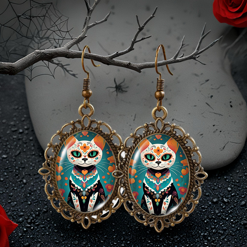 TEMU Boucles d'oreilles pendantes rétro de fleur avec cabochon en verre ovale et motif de peinture à l'huile de chat du Jour des Morts mexicain,
