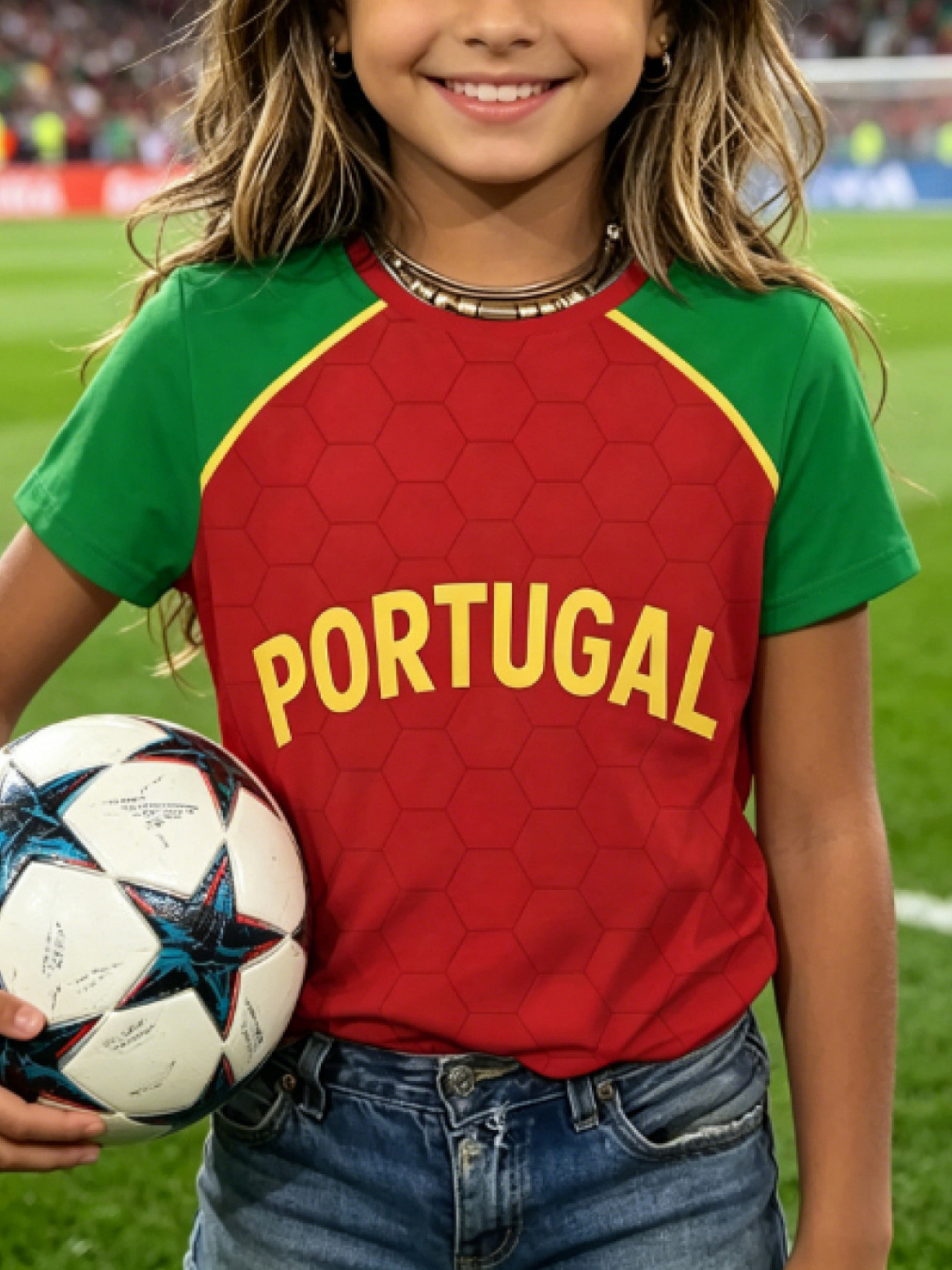 girls portuguese sports short sleeve t shirt red and green color   splicing with honeycomb texture design   golden printed portugal letters trimmed with yellow contrasting lines   and versatile top suitable for football