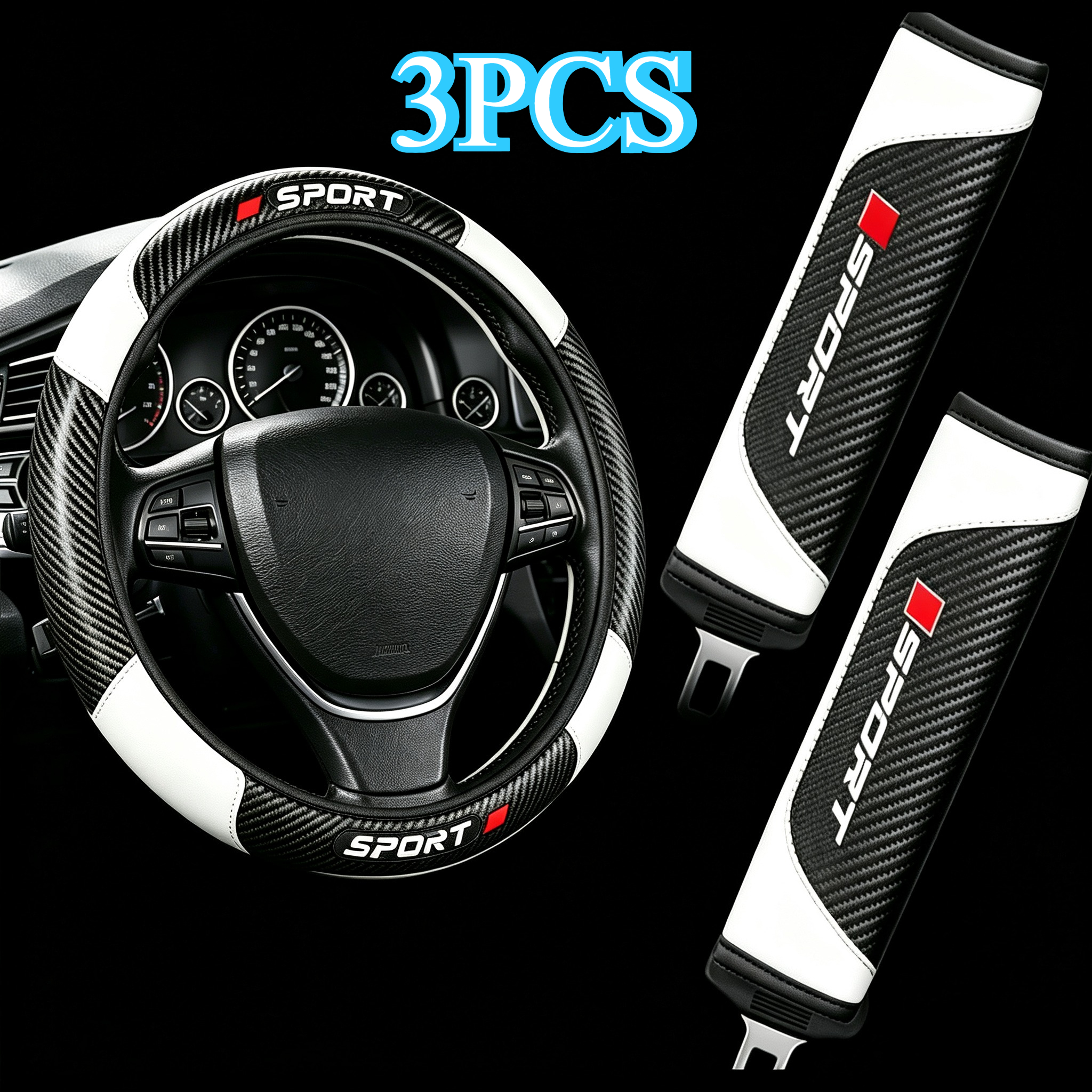 TEMU 3pcs Car Interior Accessories Set, Elastic Pu Leather Steering Wheel Cover + 2pcs Seat Belt Shoulder Pads, Universal Breathable Soft Steering