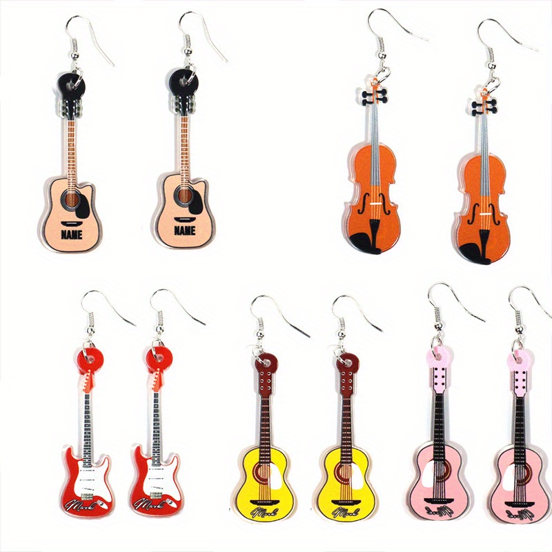 TEMU A Set Of 5 Pairs Of Chic Acrylic Printed Guitar And Violin Earrings, Vintage Literary Guitar Pendant Earrings, Suitable For Daily Wear, Parties,