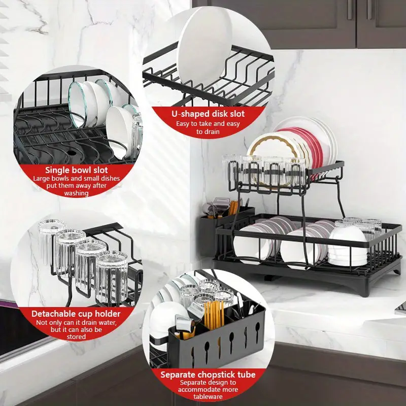 double dish rack for double countertops is here it has a unique 360 drainage function tableware can dry quickly the drain tray with the cutlery rack and 4 cup holders is above the sink or a cup it can Product details 1
