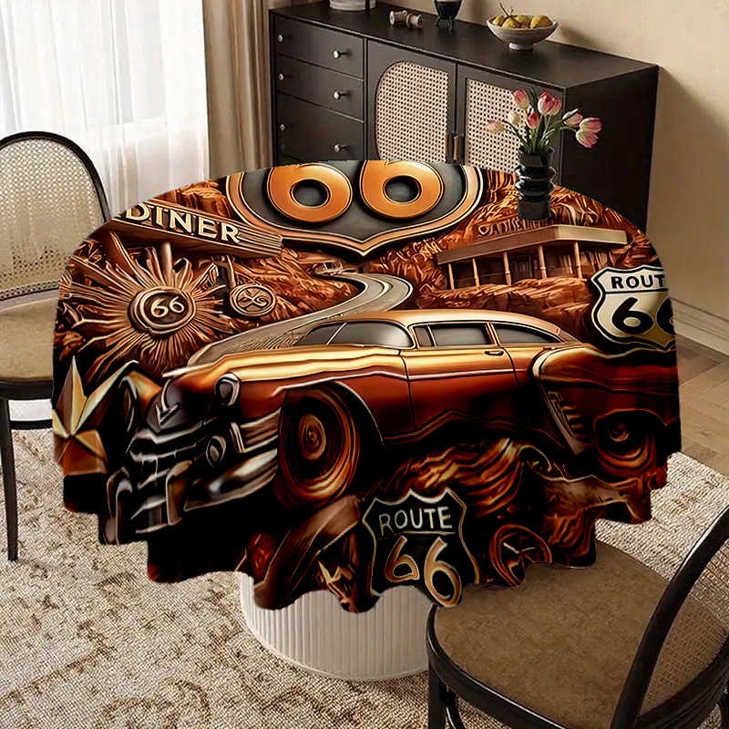 TEMU 1pc Polyester Soft Elegant Tablecloth, Made Of Polyester Fiber. Features A Vintage Design With , Road Signs, And Scenic Landscapes. Perfect For