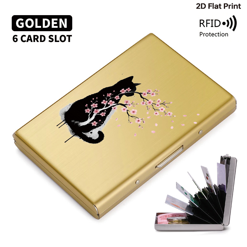 TEMU Rfid Blocking Metal Card Holder Slim Minimalist Credit Card Case Anti-theft Metal Wallet With Black Cat Cherry Watercolor Art Side Opening