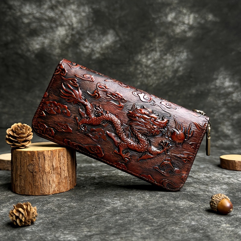 Image of Wixzor Men's Vintage Dragon Embossed Genuine Leather Long Wallet, Zippered Clutch Purse With Wrist Strap, High Capacity Card Holder And Phone Organizer