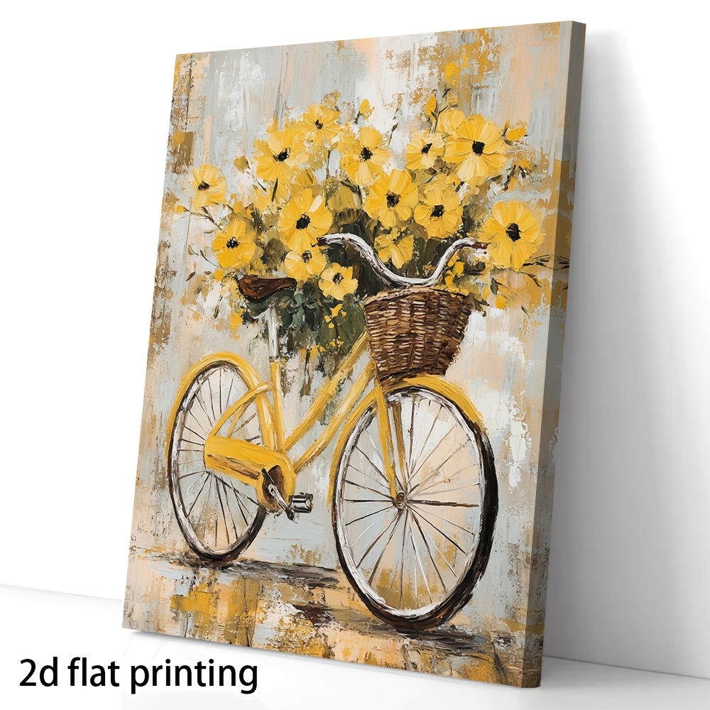 TEMU 2d Flat, 2d Flat Printed Canvas Wall, Ready For Hanging At , Features A Yellow Bicycle With Flowers. Suitable For Decorating The Walls Of