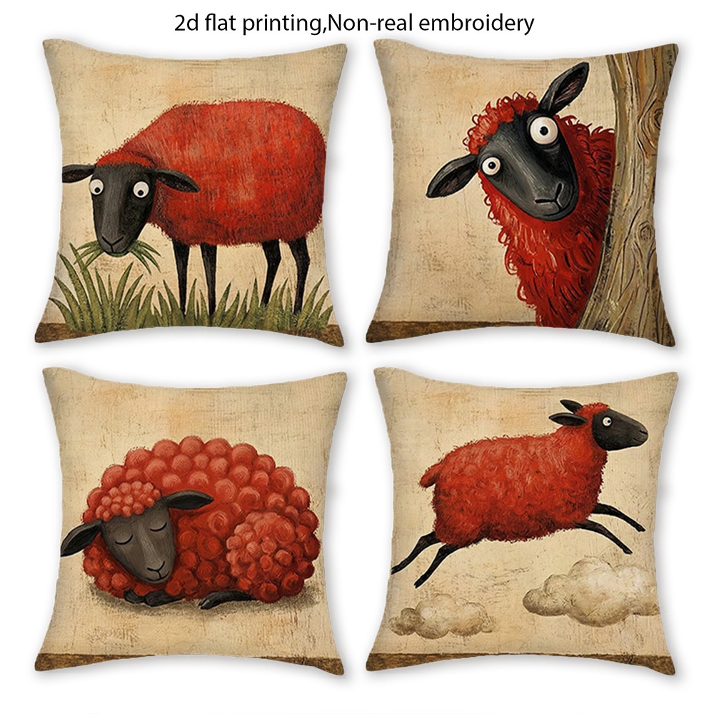 TEMU Lot de 4 taies d'oreiller 2D à impression plate, style vintage aux rouges avec animal de compagnie , plusieurs tailles disponibles, procédé