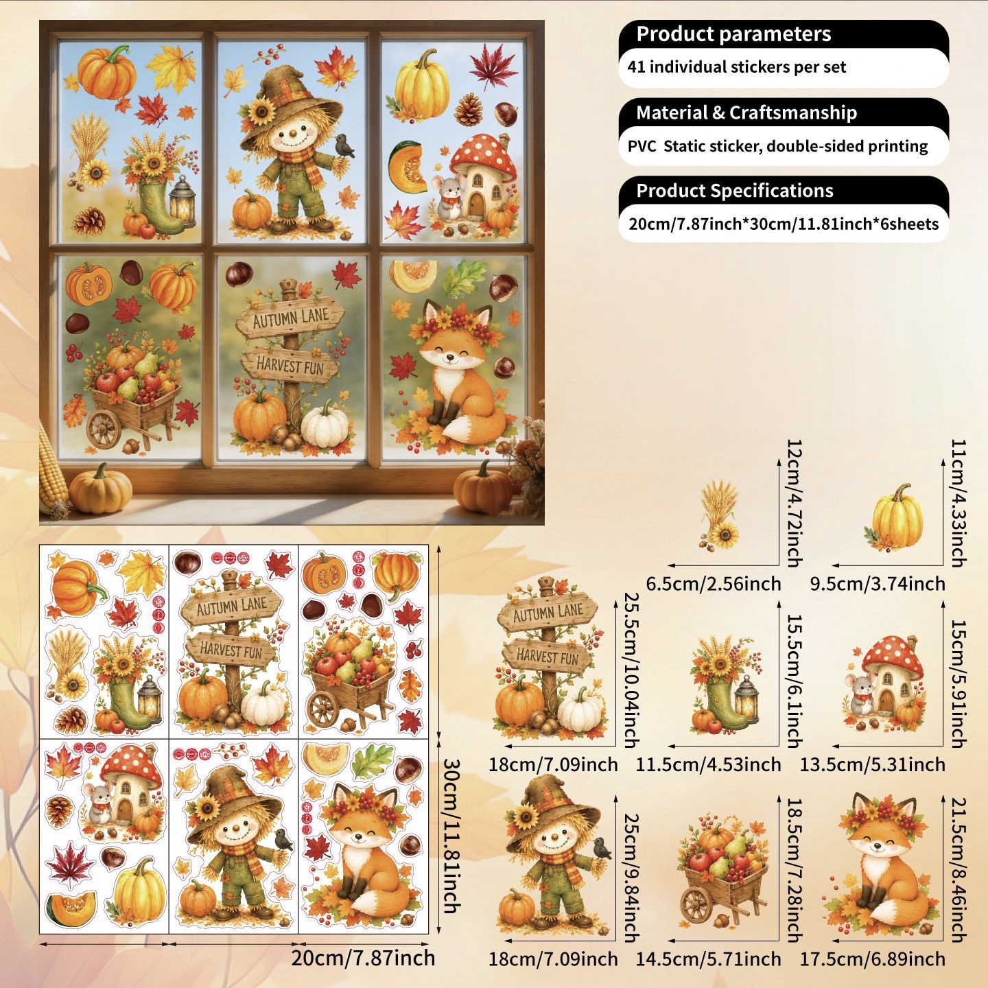 TEMU Set di adesivi per finestre a forma di zucca e spaventapasseri a tema raccolto autunnale, 6 pezzi/set, cartello spaventapasseri, zucca, foglia