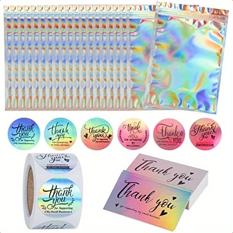 50pcs 5.5x7.8 inch Resealable Holographic Bags with 50pcs Thank You Cards and 150pcs Small Bussiness Stickers Packaging Stuff Supplies Total 250pcs