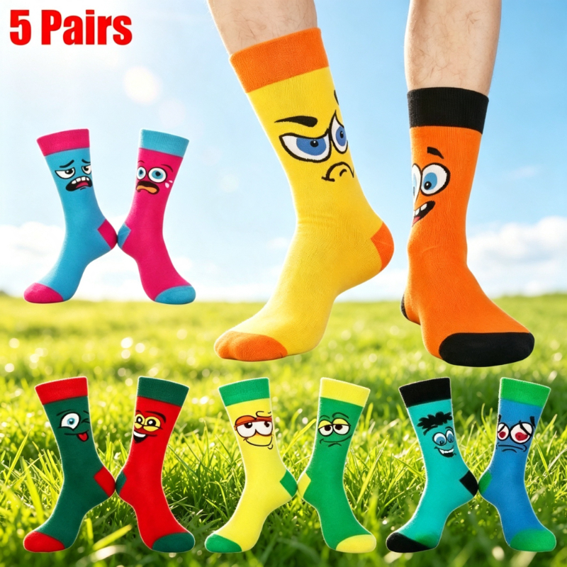TEMU 5-pair Men's Mid-calf Socks With Multiple Fun Prints, A Set Of Bright And Patterns, Offering And Stretchy Fit. Versatile For Lounging At Home Or