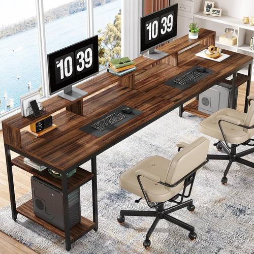 extra long 78 74 two person computer desk with monitor stand heavy duty large home office desk dual workstation with storage shelves writing table easy assembly sturdy wood mdf construction for gaming study or professional rustic brown space saving design for small spaces style no electrical required ideal for remote work shared offices desk with drawers small office desk study table