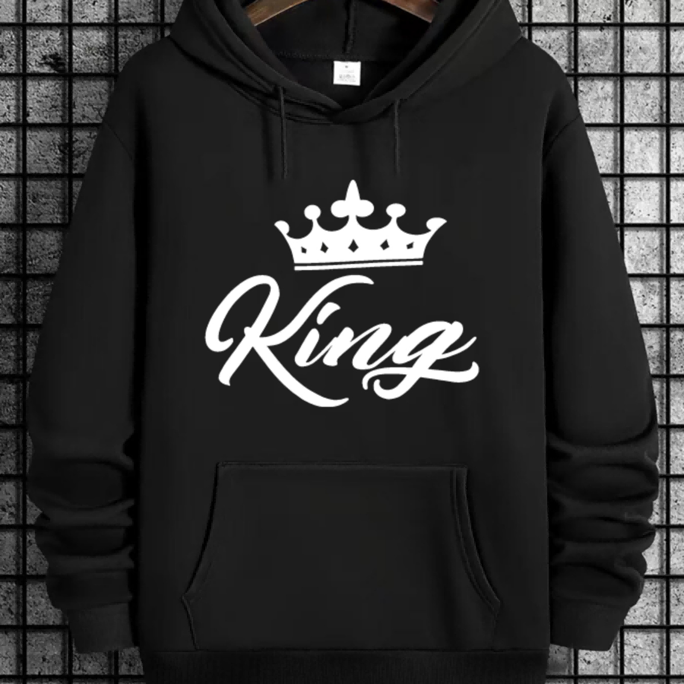 

Men's Casual Fleece Hooded Sweatshirt With Crown "king" Print, 100% Polyester, Stretch, Loose Fit, Knit Fabric, Fall/winter Top