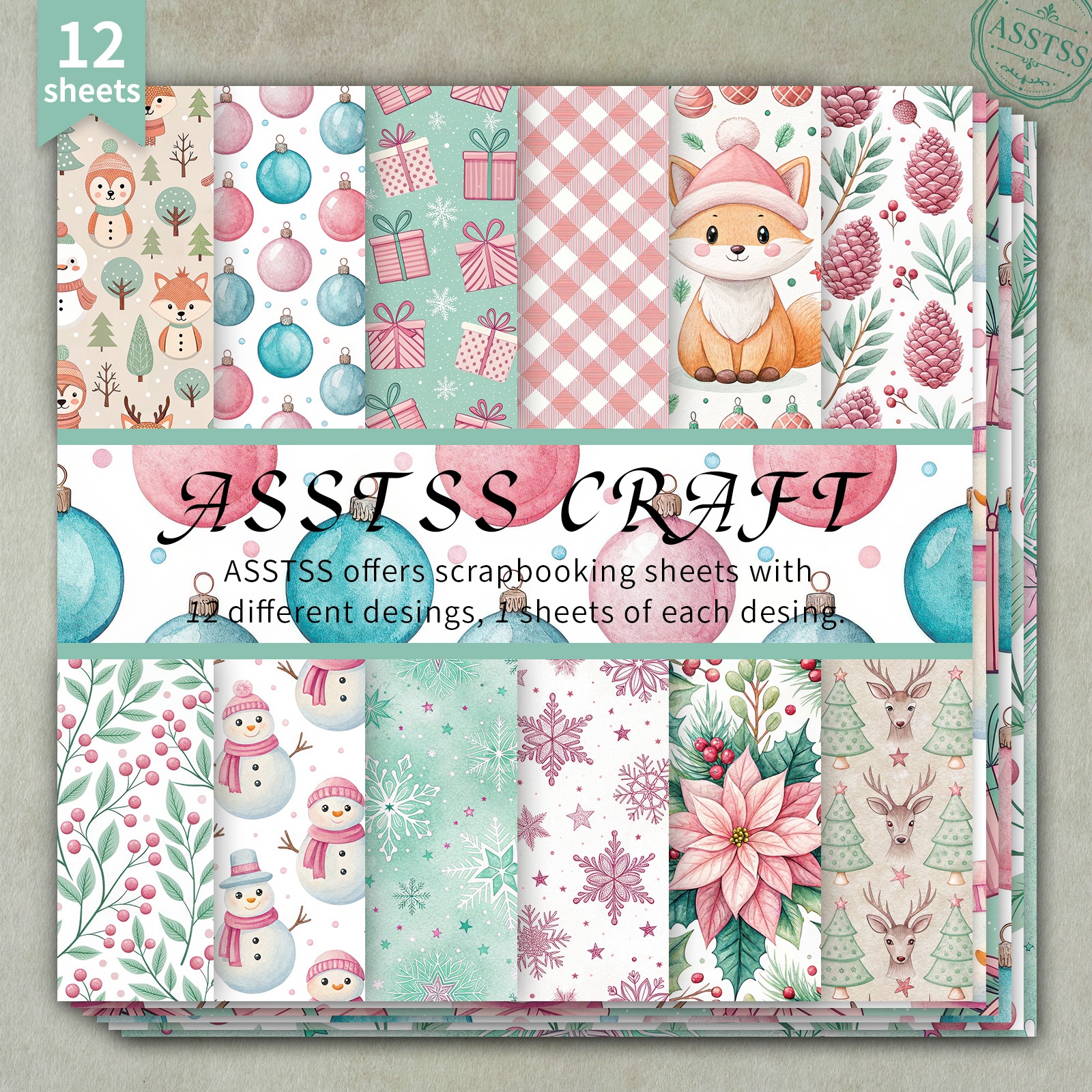 TEMU 12-sheet Asstss 6x6 Inch Scrapbooking Paper Pad, Christmas Pink-green Watercolor Fox Snowman Snowflake Style Backing Paper Supplies, Heavyweight
