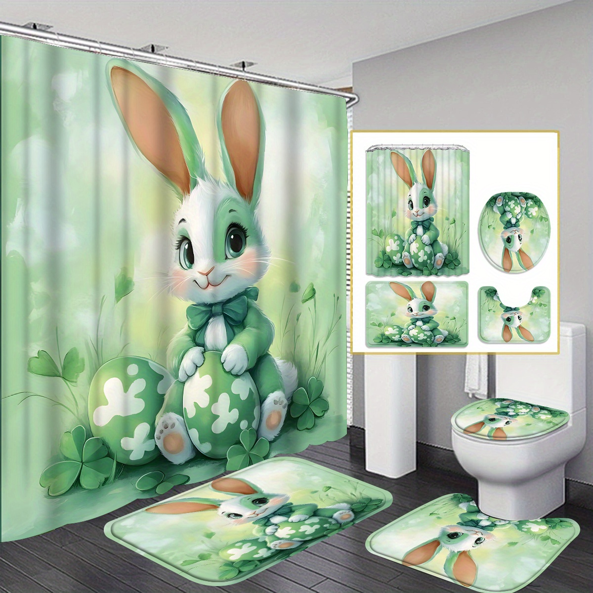 

4pcs Easter Bunny Curtain Set, Waterproof Shower Curtain With Non-slip Mat, Toilet Seat Cover, Bathroom Mat And 12 Hooks, Decoration