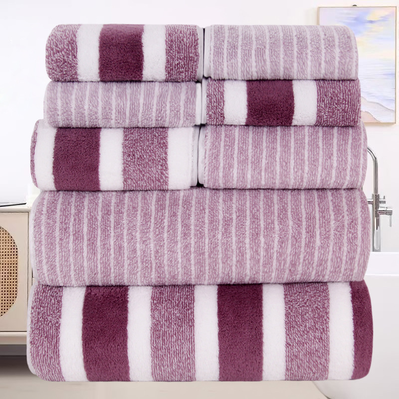 E-shop 8-teiliges Korallenfleece-Set: Handtücher, , Badetücher, schnelltrocknende gestreifte Gesichtstücher für Erwachsene für Badezimmer