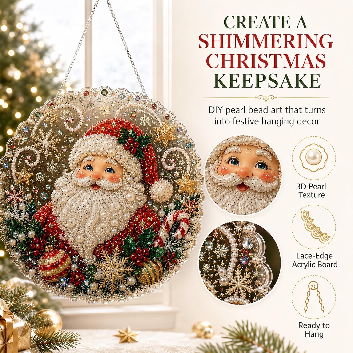 christmas pearl diamond painting suncatcher kit craft pre assembled metal chain acrylic round board with lace edge 3d mixed sized pearl beads craft festive window wall decor
