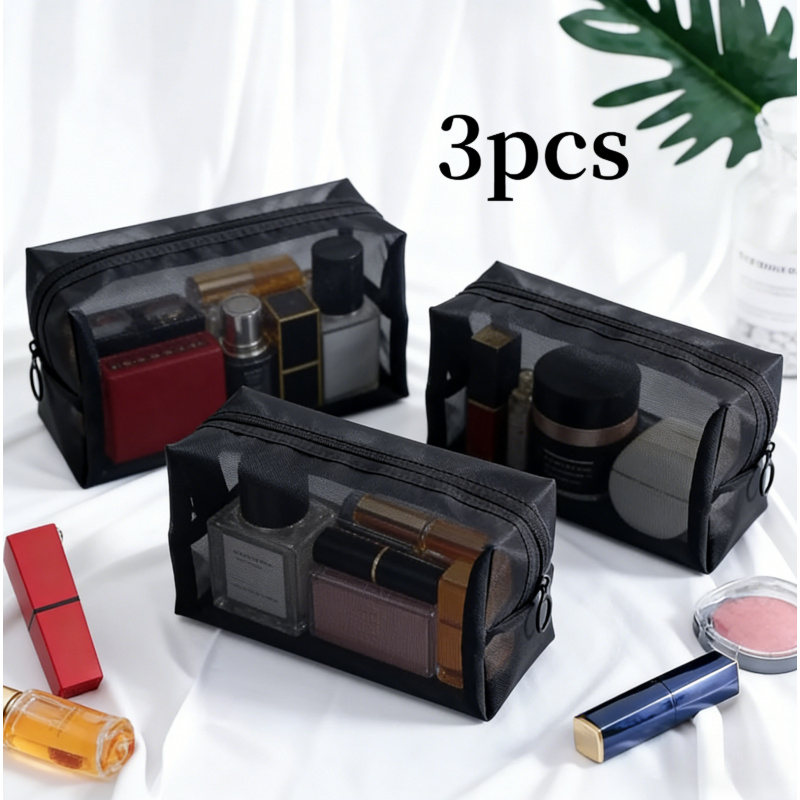 TEMU Black Nylon Mesh Toilet Bags With Transparent Windows, Hand Washable, Lightweight, Zip Closure, Large Capacity Cosmetic Storage Bags