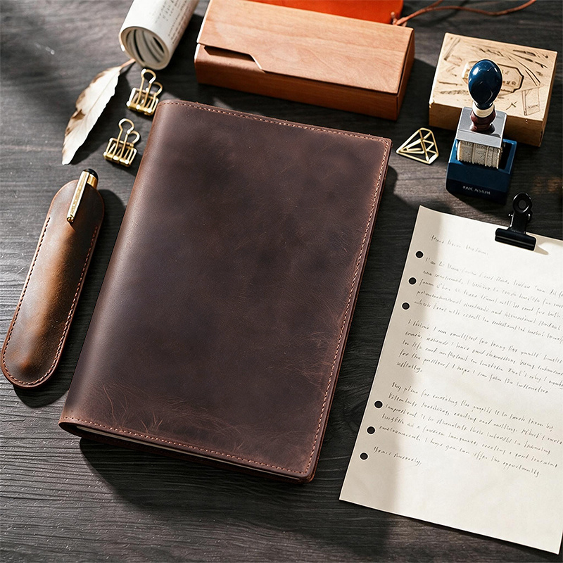 Handcrafted Genuine Top-grain Cowhide Genuine Leather Diary Cover (coffee Brown) with Refillable Notebook Insert, Pocket, Card Slot, and Pen Holder Design, Full-grain Notebook Protective Case