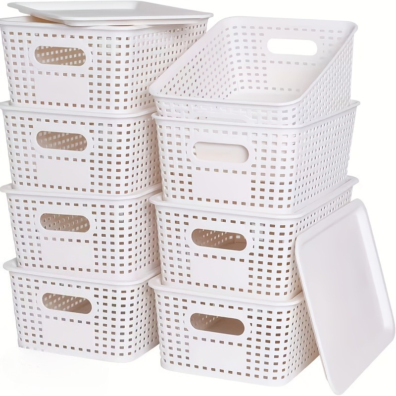 8pcs Modern Plastic Storage Baskets With Lid, Stacking, For Office Desk, Bedroom, Classroom Organization Container, Home Organization, Home Storage Box, Basket, Box And Container