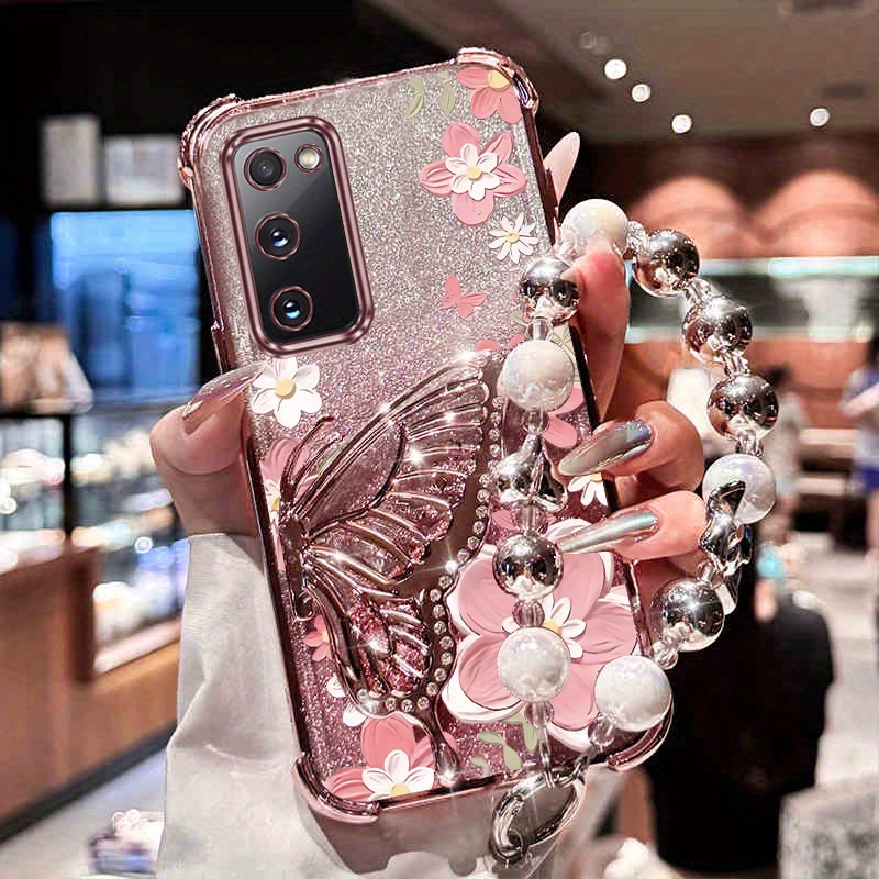 TEMU Phone Case: Pearl Wrist Strap Glitter Luxury Flower Phone Holder Case On For Galaxy S20 Fe Galaxys20fe Anti-knock Shock Proof Stand Back Cover