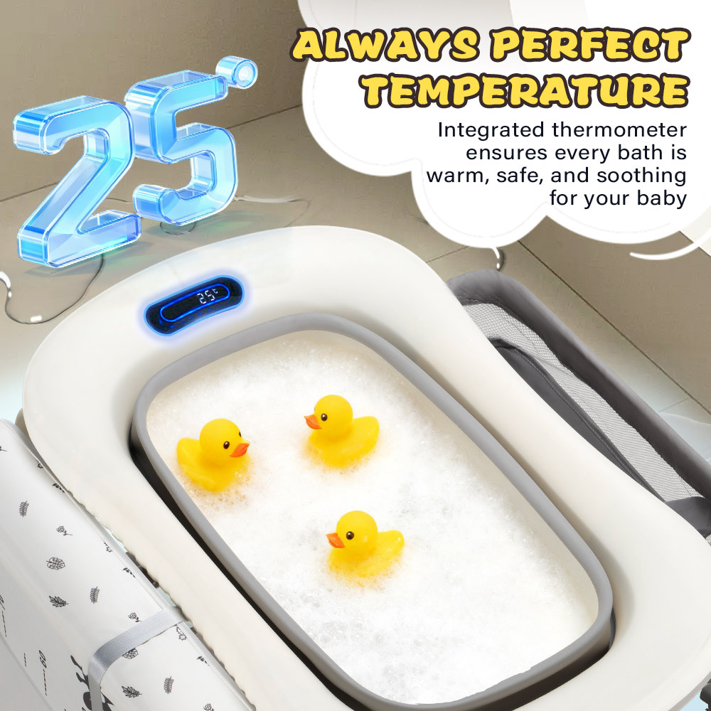 Foldable Baby Bathtub with Changing Table & Storage Shelf - Heavy-Duty Portable Bath Tub with Locking Wheels, Adjustable Height, Safety Harness & Diaper Changing Station, Space-Saving Design for Home, Travel, Nursery - Easy Assembly