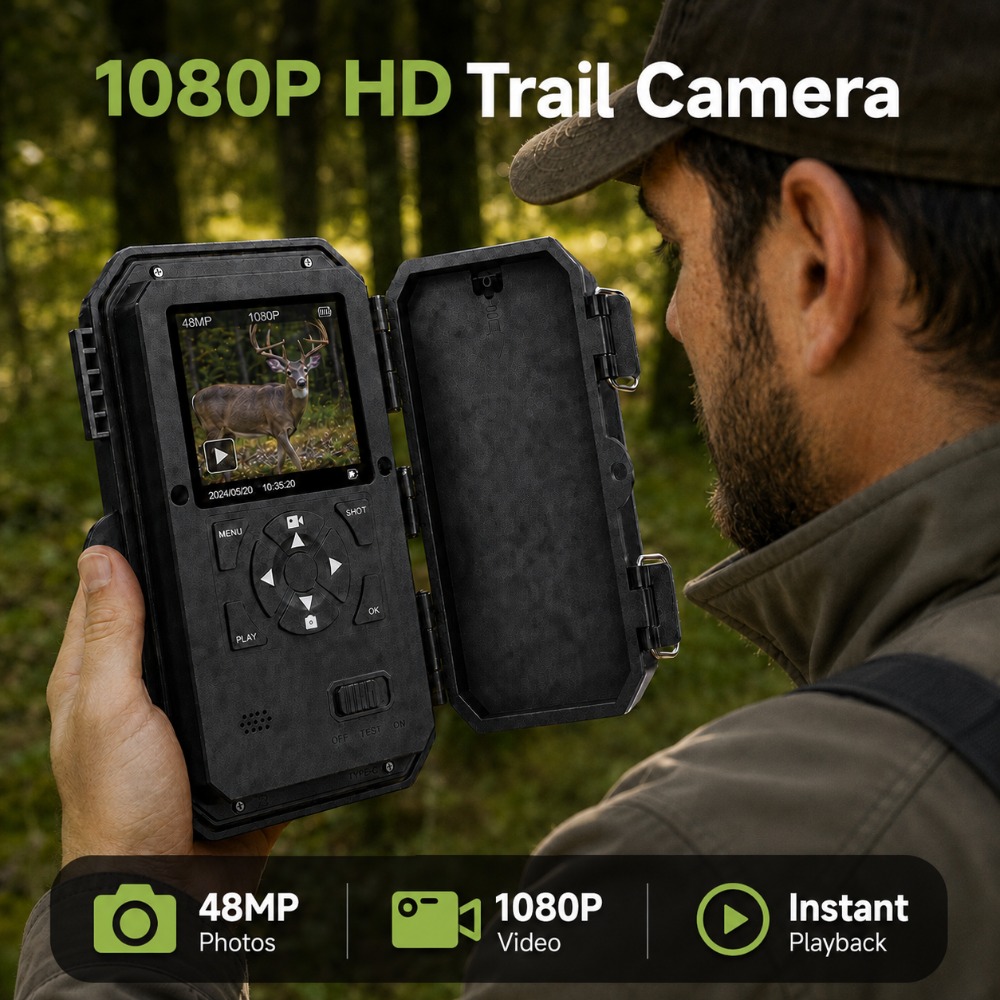 2.4' Color Screen Outdoor Trail Camera, 48mp 1080p Camera, 0.8s Trigger Speed, 120° Wide Detection, 25m 940nm No-glow Night Vision, Ip66 Wildlife Camera For Farm, Garden And .
