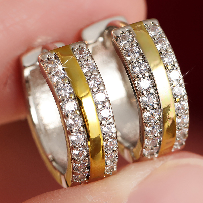 Huggie Women's Earrings with Double Color Paving Cube Design