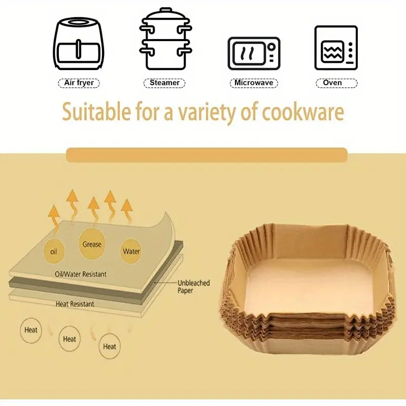 125pcs air fryer liners nonstick, oilproof, waterproof, food grade parchment paper - pre-cut 8x8 inch square sheets, surface for easy , compatible with air fryer, oven, microwave, deep fryer - ideal for home, restaurants, parties, commercial kitchens - disposable baking sheets, kitchen essentials, practical kitchenware, oilproof liner Product details 4
