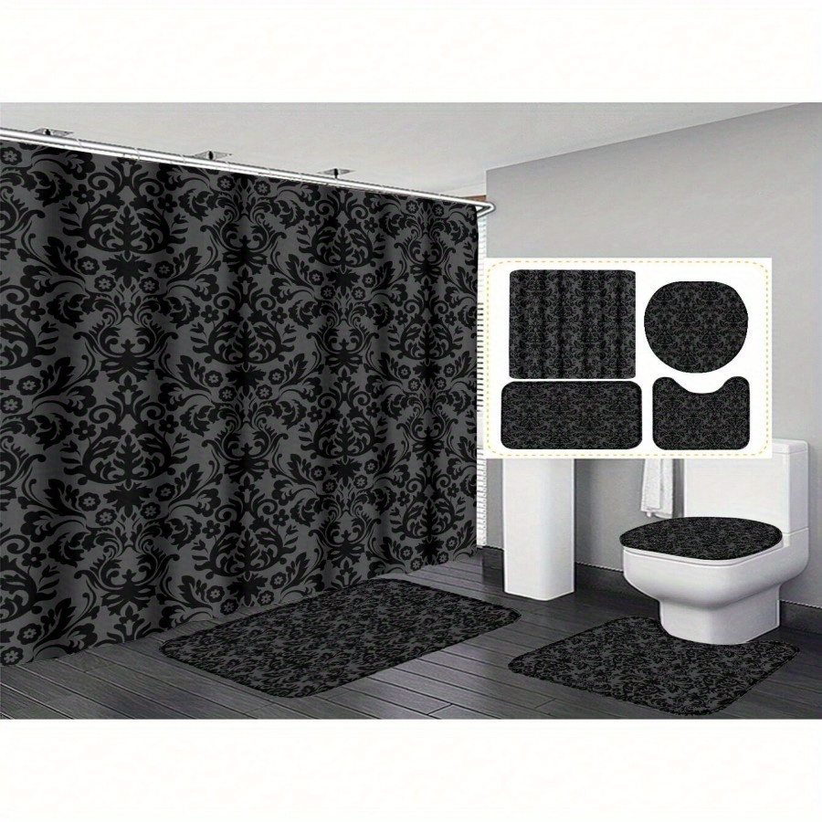 

1pc/3pcs/4pcs Black Pattern Digital Printing Polyester Waterproof Shower Curtain No Punching Bathroom Curtain