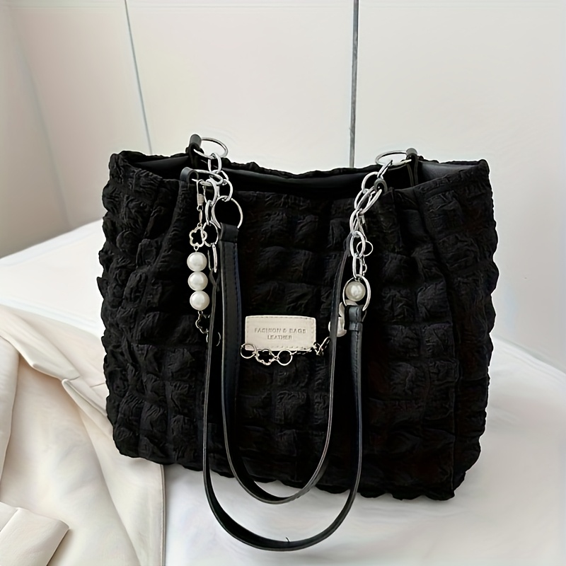 Image of 1pc Cloud Handbag, Large-capacity Nylon Women's Shoulder Bag, Soft Zipper Closure Handbag, Casual Crossbody Tote Bag, (white/pink/green/black), Urban Theme, Lining, Perfect For Commuting And