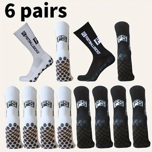6 paar silikon anti-rutsch fussballsocken mit dicker frotteeunterseite | starker halt, für fußballspiele, bergsteigen, basketball, outdoor-sportarten, reibungsbeständig, atmungsaktiv, buchstabenmuster, strickstoff, maschinenwaschbar