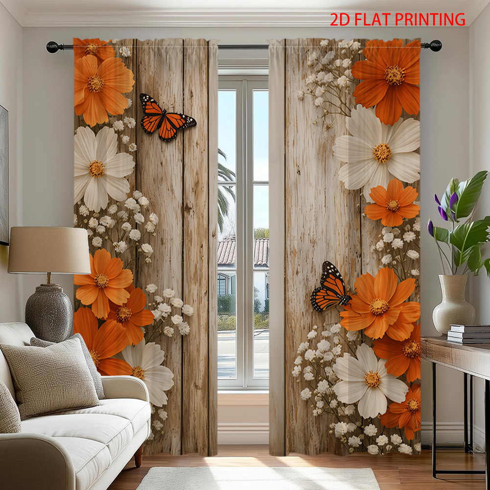 TEMU 2d Flat - 2pcs, 2d Flat Printing, Orange And White Flower Pattern Curtains, , Digital Printing Privacy Curtains, Blackout Curtains, Modern