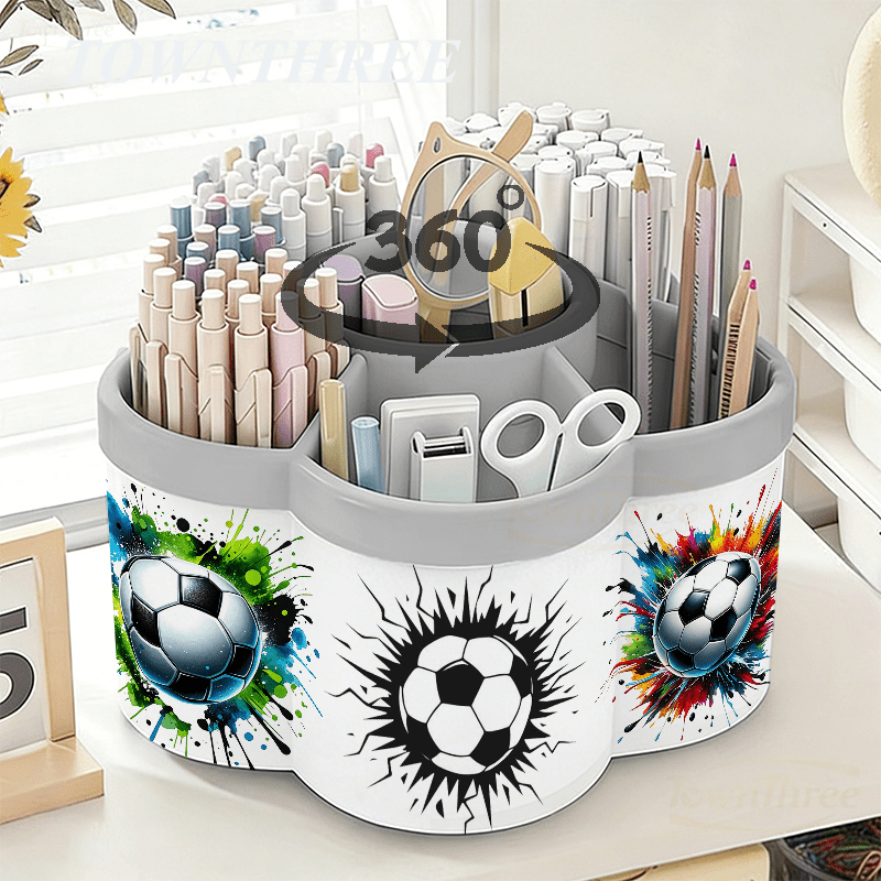 TEMU Rotatable Pen Holder And Cosmetic Organizer | Creative Soccer-themed Background Sticker - 360Â° Rotating Convenient Desktop Storage Box | Large