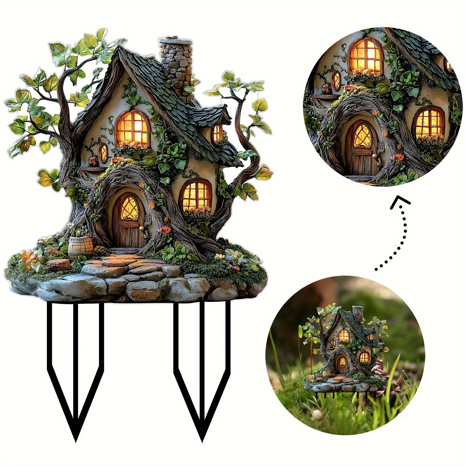 

2d Flat.whimsical Bohemian Fairy Tale Tree House Garden Flag - Waterproof, No-power Needed, Crystal & Cottage Design For Festive Christmas Outdoor Lawn Decoration, Ideal Gift For Friends