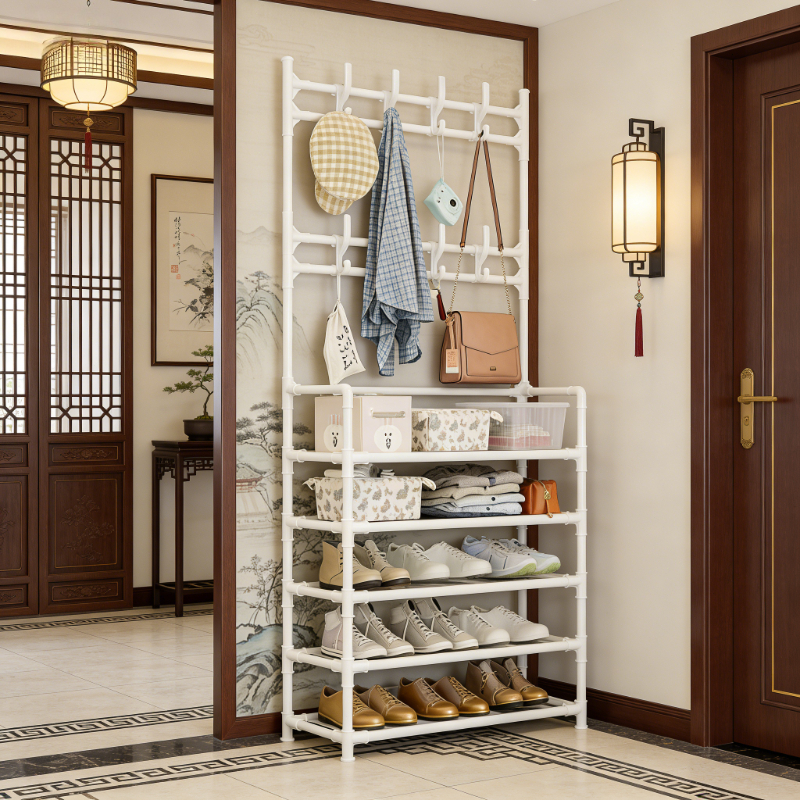 imagen del artículo Perchero de entrada independiente imprescindible nuevo 2026 para dormitorio / 8 ganchos para abrigos + espacio de almacenamiento de 5 niveles, organizador todo en uno para bufandas, zapatos, sombreros y paraguas / Apto para entrada, oficina, pasillo, balcón | Solución de almacenamiento de invierno