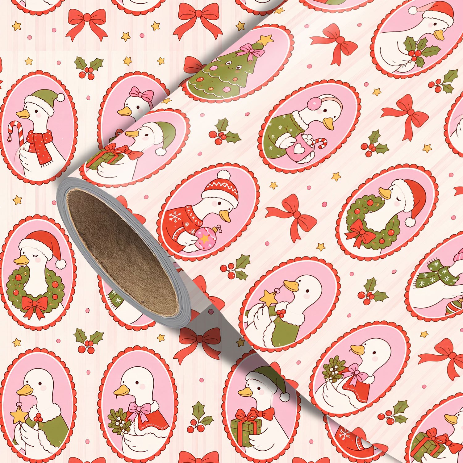 TEMU Pink Christmas Wrapping Paper Roll - Measures 17.7 Inches × 118 Inches, Cute Duck, Bow Pattern, Wrapping Xmas Gifts, Making Party Decorations,