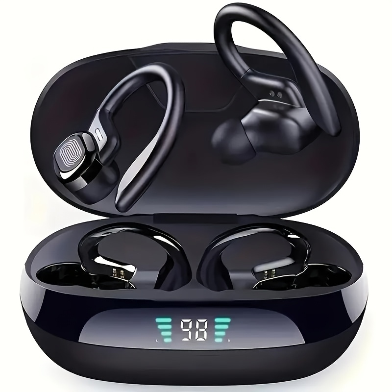 item picture wireless headphones with built in hd microphone led screen charging box automatic pairing and long lasting   suitable for sports cycling driving and daily use ear hanging style earmuffs that are not painful when  