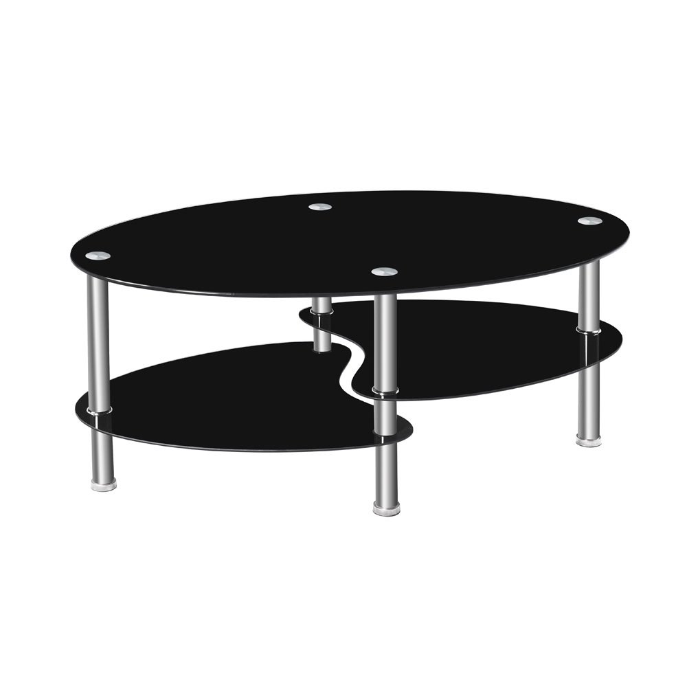 Image of Dual Fishtail Coffee Table, Modern Tempered Glass Top & Metal Base, Industrial Center Table For Living Room, Black (90x50x45cm)