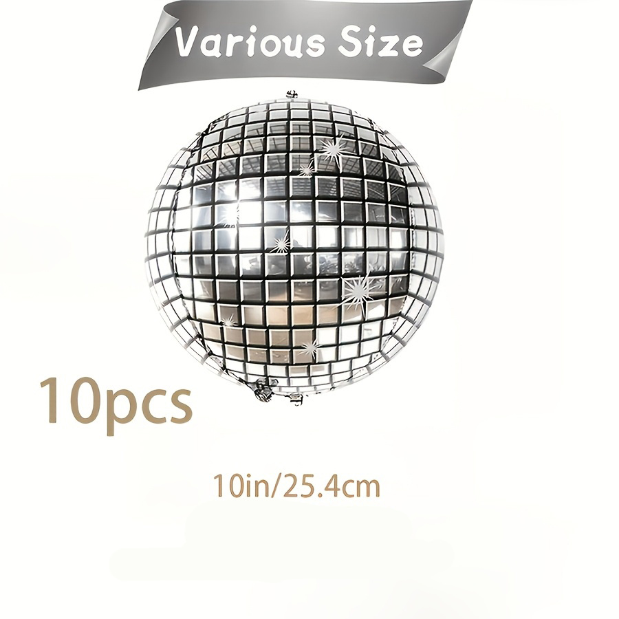 TEMU 10pcs Silvery Disco Ball Balloons - 4d Reflective Party Decor, Durable Foil Material, Suitable For Disco-themed Birthday Parties,